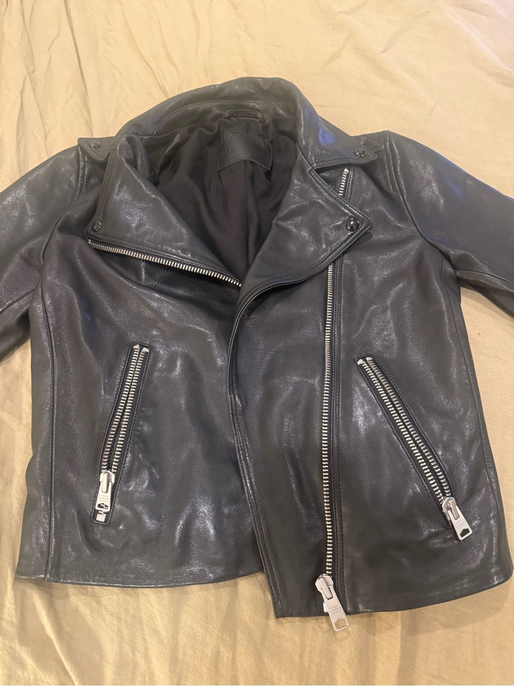 All Saints Black Leather Moto Jacket with Silver Hardware